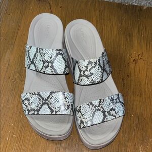 Crocs Slip-On Slide Sandals in Beige Snake Print